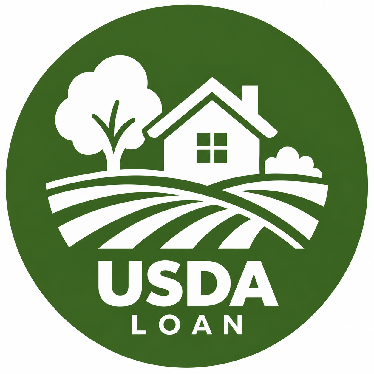 Icon of home on a field with text USDA loan