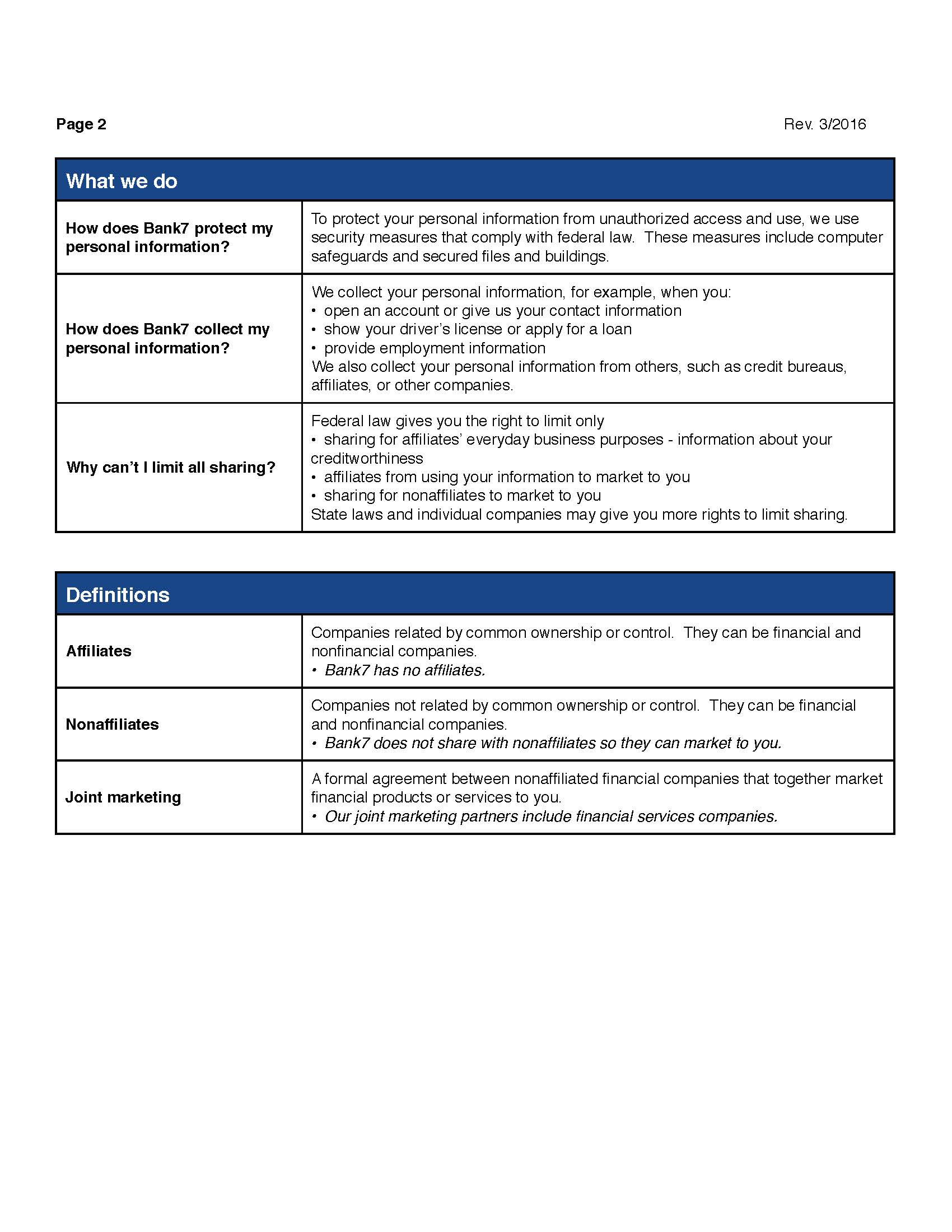 Bank7 Privacy Policy Page 2